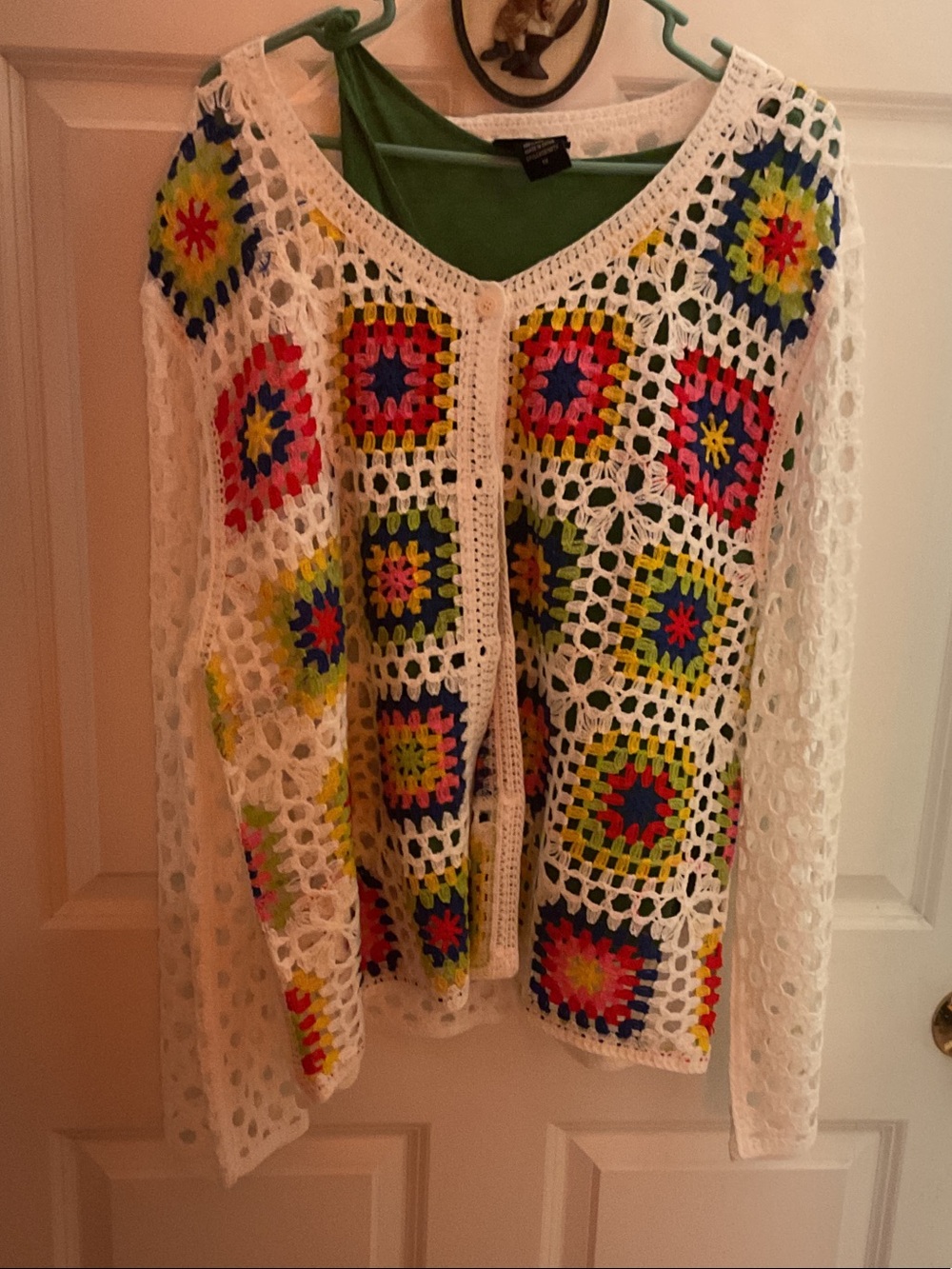White Crochet Open-Front Sweater with Multicolor Squares